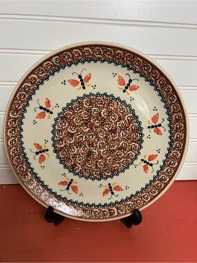 Vintage Boleslawiec Polish UNIKAT pottery dinner plate Butterflies firing flaw